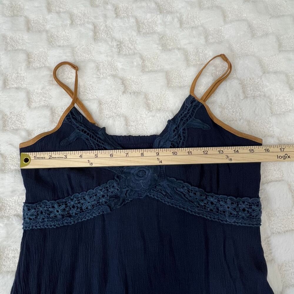 Miss Me Mini Dress L Blue Crochet Lace Empire Waist Flowy Spaghetti Strap - Picture 8 of 12